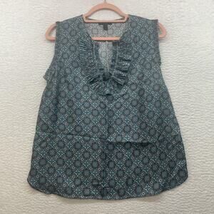 J Crew Shirt Womens 6 Blue Brown Margo Silk Medallion Prep Tank Ruffle Top
